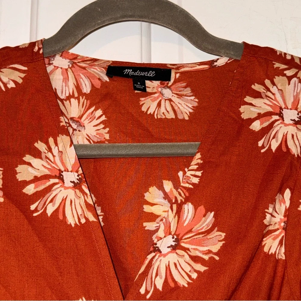Madewell Floral Print Wrap Cotton V-Neck Mini Dress Rusty Torch dark orange S - Picture 5 of 16